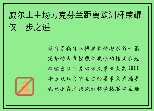 威尔士主场力克芬兰距离欧洲杯荣耀仅一步之遥